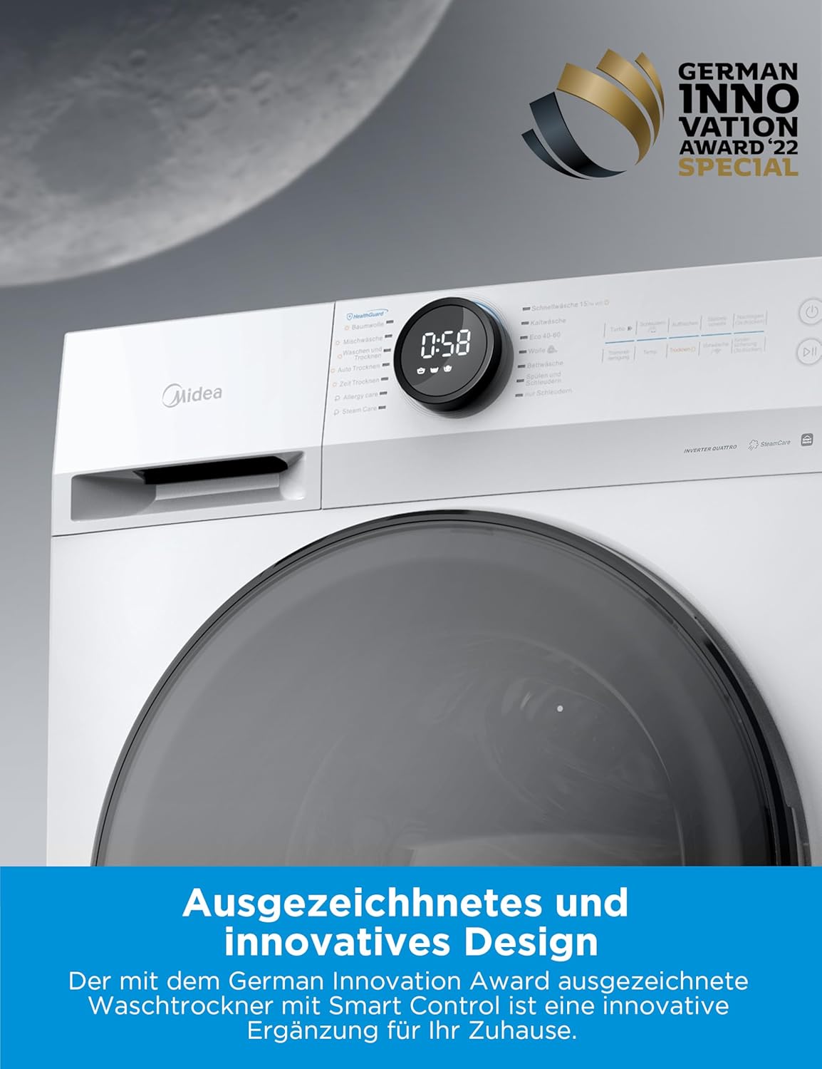Midea MF200D86WB-14DAS Waschtrockner 8kg/6kg | Slim 48cm | Steam Care | App – Bild 4