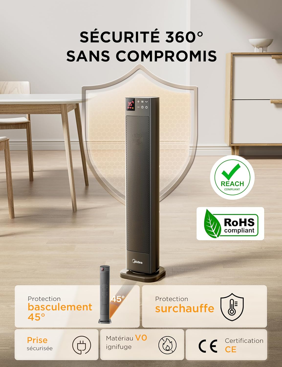 Radiateur Céramique Tour Gris Midea 2000W | Double Moteur DC & Télécommande – Image 6