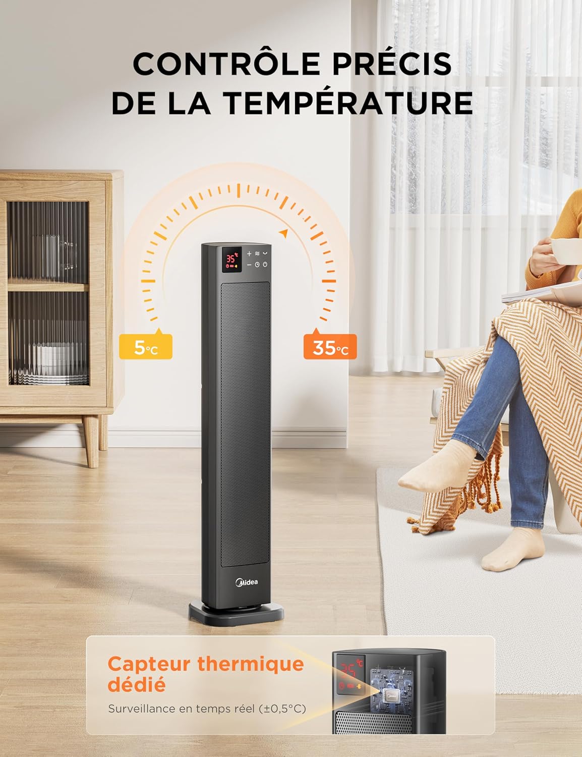 Radiateur Céramique Tour Gris Midea 2000W | Double Moteur DC & Télécommande – Image 4